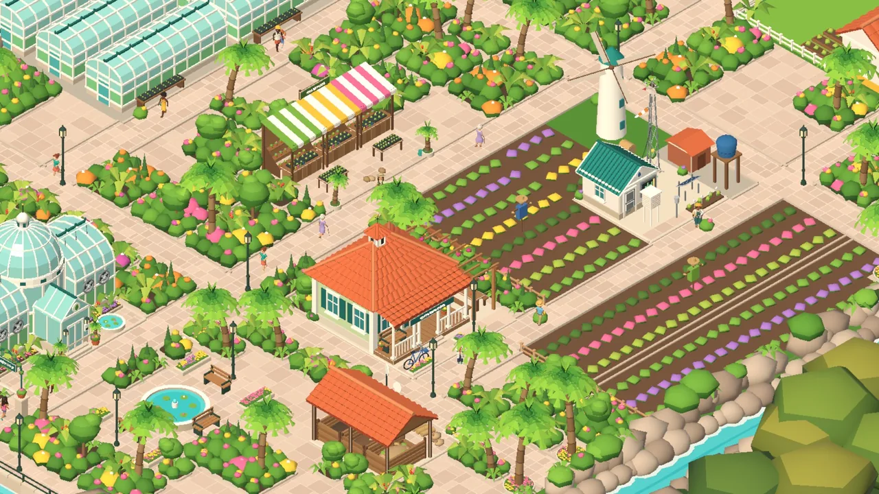 Cidade do XDemic com a estufa, jardins e moradores